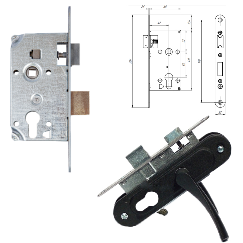 Mortise lock ZV-4-U with handle (black) 55mm Arico / Locks and handlers ...